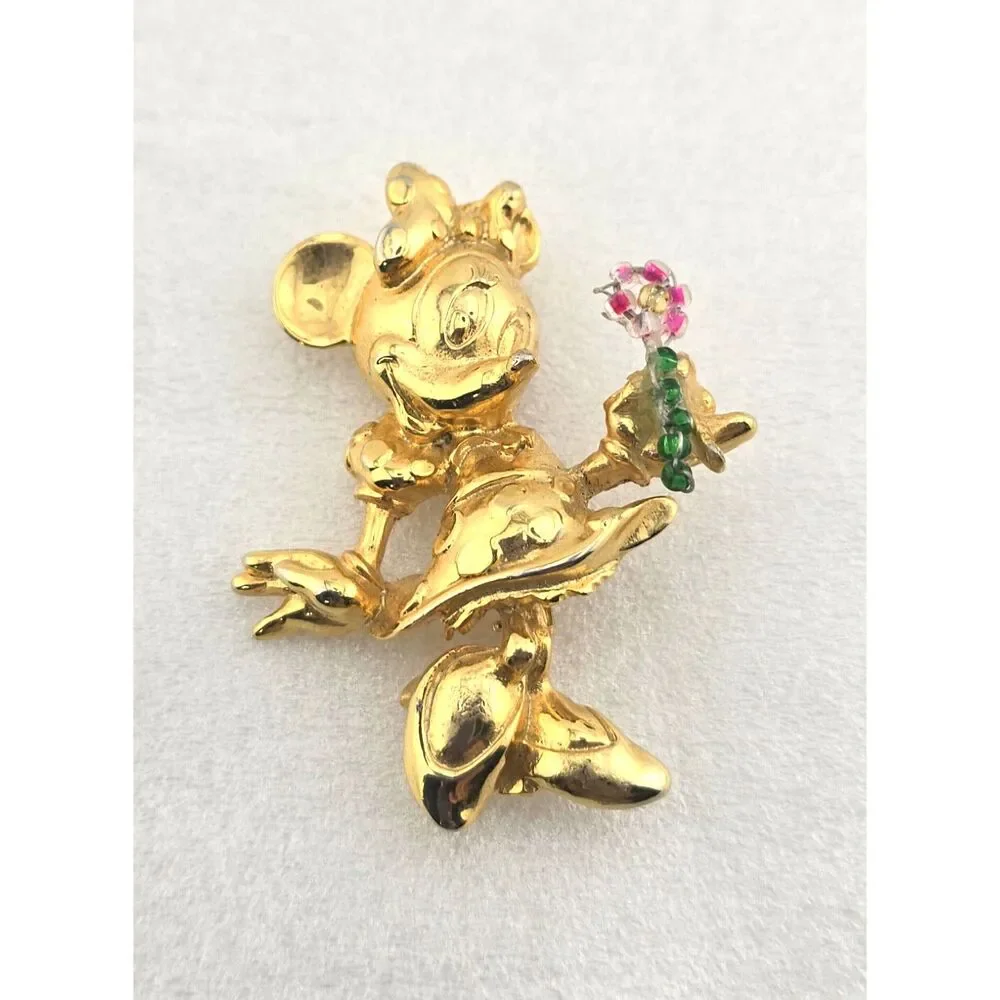 Vintage Disney Minnie Mouse Brooch Pin Flower Power Gold Plate Y2K 80's 90's